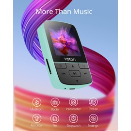 YOTON MP3 Player with Bluetooth 5.2, 64GB Large Storage, HiFi-Music, with Sports Clip, Mini Size, Independent Volume Botton, FM Radio, Earphones included, Green