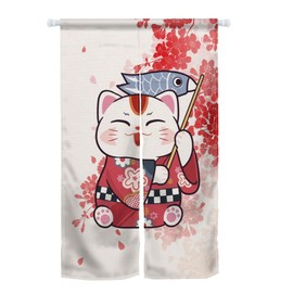 ChloropLastid Red Lucky Cat Fish Noren Japanese Curtain Sakura Noren Japanese Curtain Chinese Style Door Tapestry Entrance Feng Shui Door Curtain for Kitchen Home Decorations 33.5"x 59"