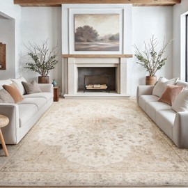 Amada 8x10 Area Rugs, Soft Large Vintage Rug, Non-Slip Washable Rug with Low Profile, Durable Bound Edge for Living Room, Bedroom, Dinning Room, Home Office