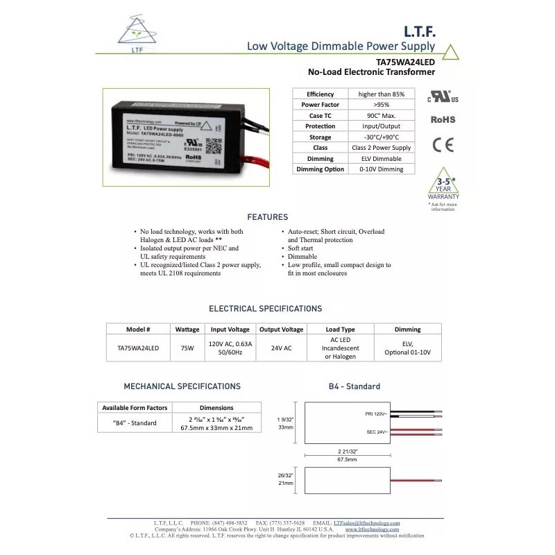 LTF LED 75watt no load electronic AC driver transformer 24VAC