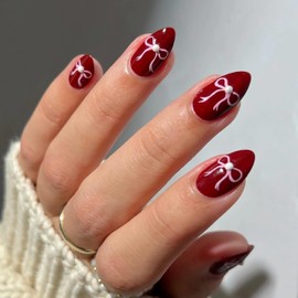 Qsnidy Press on Nails Almond, Wine Red & Bow Pearls Fake Nails Medium Press Ons, Glossy Full Cover Glue On Nails for Women Daily Wear, Natural Fit Acrylic Stick on Nail Kit - 24 Pieces in 12 Sizes