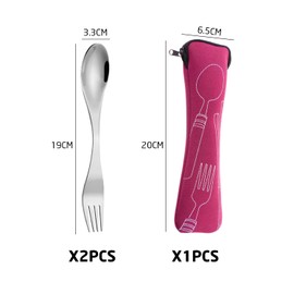 Pack of 2 Forks and Spoons, 1 Piece Cutlery Bag, Forks and Spoons Made of Stainless Steel, Portable Forks and Spoons 2-in-1, Reusable Lightweight Tableware for Camping and Travel