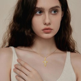 Baroque Cross Necklace For Women with Simulated Diamond 14K Yellow Gold Plated Sterling Silver Cubic Zirconia Baroque Pattern Cross Pendant Necklace Jewelry Gift for Women