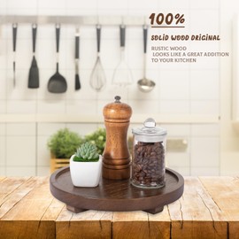 Round Decorative Tray Wood Bathroom Counter Organizer Farmhouse Kitchen Decor Wooden Riser for Soap Dish, Perfume, Candle, Sponge, 9" - Walnut