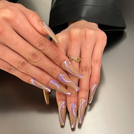 Press on Nails Long Coffin False Nails Brown Fake Nails with Rhinestones and Swirl Designs Acrylic Nails Full Cover Stick on Nails Glue on Nails for Women 24 Pcs