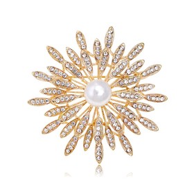 14K Gold Plated Flower Brooch Pin for Women Girls Simulated Pearl Rhinestone Floral Pin Clip Lapel Sweater Scarves Dress Suit Jackets Collar Corsage Brooches Pins Delicate Decoration Jewelry Gifts