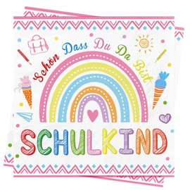 Pack of 80 Napkins First Day of School Girl Pink Decorative School Child Napkins Schön Dass Du Da Bist School Table Decoration School with Saying 33 x 33 cm