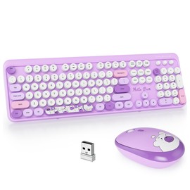 GTSP Typewriter Purple Keyboard and Mouse Wireless, Cute Keyboard 2.4G Office Full-Size Retro Keyboard with Round Keycaps for Laptop PC Desktops（Purple）