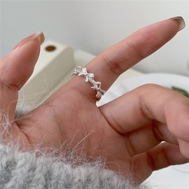 Dtja Cute Bow 925 Sterling Silver Adjustable Ring for Women Lovely Bowknot Holiday Statement Open Wrap Finger Rings Comfort Fit Fashion Promise Wedding Valentine Jewelry Gift