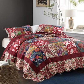 ENASAL Cotton Bedspread Quilt Sets Reversible Bedding Coverlet Sets Comforters Vintage Luxury Damask Floral Real Patchwork Burgundy Bedspread,Queen Size