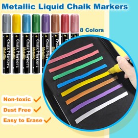 Hapickid 8 Metallic Colors Chalk Markers, 10mm Erasable Jumbo Chalk Pens 3 In 1 Nib, Car Window Marker for Glass Poster Chalkboard Blackboard Bistro Signs Menu Board