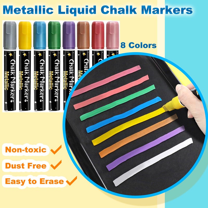 Hapickid 8 Metallic Colors Chalk Markers, 10mm Erasable Jumbo Chalk