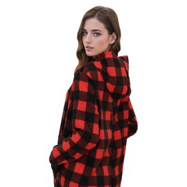 Focupaja Unisex Check Onesie Christmas Zip Up Matching Onesie Hooded Pajamas One Piece Non-Footed Jumpsuit Adult Women Men Red Black M
