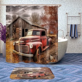 Dabuniu Vintage Red Truck Shower Curtain Set with Rugs Farmhouse Old Barn Rustic Country Farm Truck Bathroom Decor Set with Accessories, Waterproof Shower Curtain for Bathtub Decor, 72x72 Inch