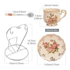 YOLIFE Tea Cups and Saucers Set of 2, Porcelain Floral Tea Cups Set with Holder, Fancy Vintage Teacups 8 oz