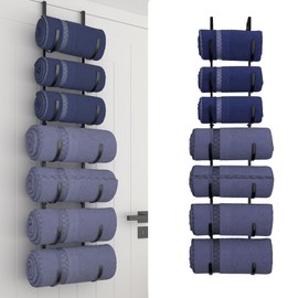 XRMAO Upgrated 7-Tier Over The Door Towel Racks, Metal Wall Mounted Towel Holder with Adjustable Door Hooks, Rolled Towel Organizer for Bathroom, Laundry Room, Black
