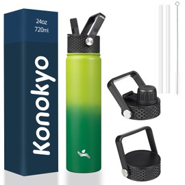 Konokyo Insulated Water Bottle with Straw,24 oz 3 Lids Metal Bottles Stainless Steel Water Flask,Bamboo Grove