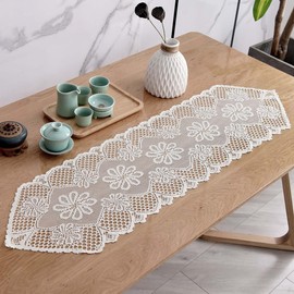 Gemseek 2 Pack White Lace Short Table Runners, 13 x 44 Inch Rectangular Vintage Crochet Dresser Scarf Doily for Coffee Dining Table Living Room Bedroom Furniture Decor