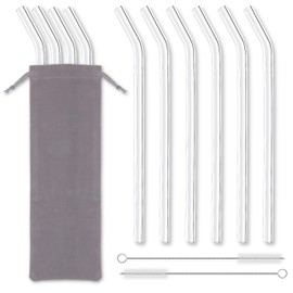 Set of 10 Angled Wide Glass Drinking Straws – Clear Glass Heavy Duty Wide Reusable Eco-Friendly Drinking Straws