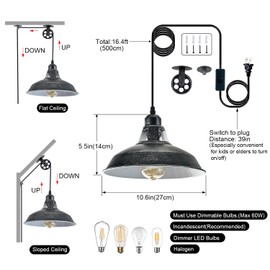 Plug in Pendant Light With Switch,Vintage Industrial Design,16.4ft Cord,Adjustable Pulley,Easy Install,Ideal For Living Room,Pool Table,Bedroom,Kitchen,Sloped Ceiling,Bar,Outdoor Shed(Silver Black)
