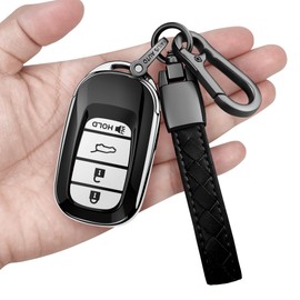 Sindeda for Honda Key fob Cover with Leather Keychain Soft TPU Full Cover Protection,for 2022 2023 2024 2025 Civic Accord HR-V Pilot CR-V,4-Buttons Key Fob Shell(Silver)
