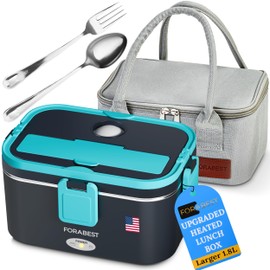 FORABEST Heated Lunch Box – 80W Electric Lunch Box for Adults, 12V/24V Car & Truck + 110V/220V for Office & Travel – Portable Food Warmer with 2 Stainless Steel Containers, Utensils & Carry Bag