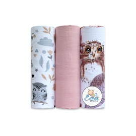 Ega Kids Baby Muslin Squares, Owls & Flowers, Pink, Set of 3