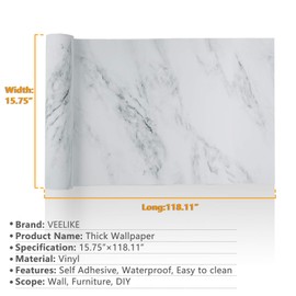 VEELIKE Grey White Marble Contact Paper 15.7''x118'' Peel and Stick Thick Durable Wallpaper Vinyl Self Adhesive Waterproof Granite Wall Stickers Removable Bathroom Bedroom Countertop Cabinet Covering