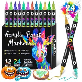 24/48/72 Colors Acrylic Paint Marker Pens Set, Dual Tip Double Ended Marker Brush Art Set Graffiti For Stone,Glass,DIY Crafts Kids Drawing Gifts - Count & Colors: 12Pcs Set & 24 Colors