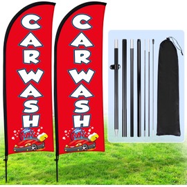 Buryeah 2 Sets Car Wash Flag for Business Advertising 8 ft Feather Flag Sign with Flagpole Ground Stake Portable Bag Car Wash Signs Banner Set for Outdoor Ground Events Events (Red)