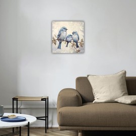 LURENCZH Bird Canvas Wall Art Birds Family on Branch Picture Print Blue Bird Paintings for Living Room Bedroom Decor Framed Ready to Hang(Bird-2,12.00" x 12.00")