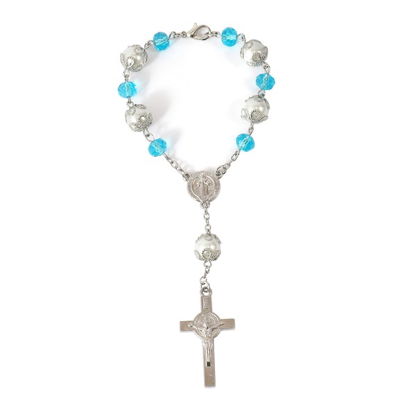 Nazareth Store, Rosaire catholique Saint Benoît avec perles bleu clair, pour rétroviseur de voiture médaille NR Jérusalem