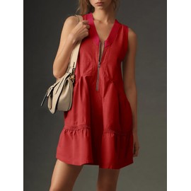 Fisoew Women's Sleeveless Tank Mini Dress Casual Half Zip V Neck Loose Mesh Back Utility Summer Dresses with Pockets Red