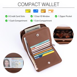 XINNSTAR Small Wallet for Women, Genuine Leather RFID Blocking Credit Card Holder Slim Compact Coin Purse Women's Wallets with ID Window 8 Card Slots
