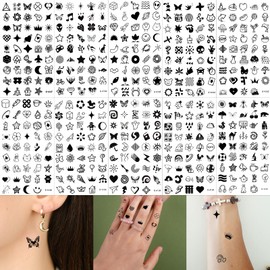 Shimmeroo 10Sheets 440PCS Realistic Temporary Tattoos,Tiny Small Tattoo Stickers,Cartoon Bohemia Fake Tattoo Stickers for Women Men Finger Hands Black Long Lasting Vintage Tatoos Neck
