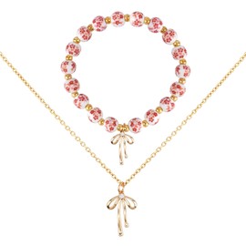 Bow Bracelet Necklace Set, Include Bow Beaded Bracelet & Bows Necklace Vintage Bracelets Jewelry Gifts Romantic Necklaces for Women (Pink, Gold)