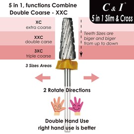 C & I 5 in 1 Nail Drill Bit, Cross & Slim Edition, Professional Nail Drills for Electric Manicure Drill Machine (Double Coarse -XXC)