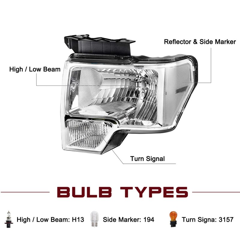 JSBOYAT Headlight Assembly with Bulbs Replacement for 2009-2014 Ford F150