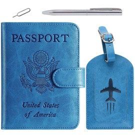 Passport Holder With Luggage Tag Cover Wallet RFID Blocking Leather Case Travel Essentials Accessories Travel Must Have(114#Blue)