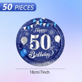 Fitoyplak 50th Birthday Decorations for Men,50Pcs 7inch 50th Birthday Plates,Vintage 1975 Tableware Set,Blue and Silver Small Paper Plates,for Mens 1975 Party Decorations Supplies,Serves 50