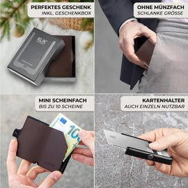 PURISTO KLIK Slim Wallet with Coin Compartment Men's - Leather Money Clip Mini Wallet Men's Small with Coin Compartment, RFID Blocker - Leather Card Case, dark brown, Without coin compartment - 12