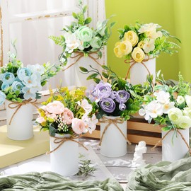 Wavwavw Spring Table Centerpieces Peonies Artificial Flowers with Vase Summer Floral Arrangement Blue Purple Pink Yellow White Fake Flower Peonies Bouquets for Home Dining Table Wedding Party Decor