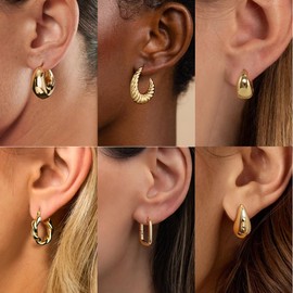 Sargetou Gold Chunky Hoop Earrings Set for Women 6 Pairs 14K Gold Plated Hypoallergenic Lightweight Huggie Hoops Earrings Exquisite Fashion Daily Jewelry Gift