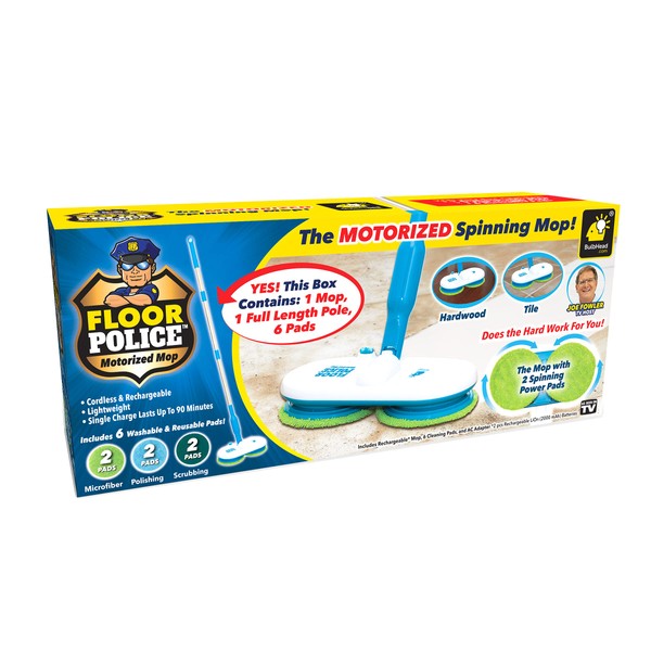 Floor Police Cordless Electric Mop, As Seen On TV, Self-Propelling Hardwood and Tile Floor Cleaner with Dual Spinning Mop Heads, One Mop with 6 Cleaning Pads