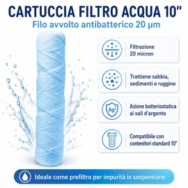 AQUASKUDO - Cartuccia Filtro Acqua 10” Filo Avvolto 20 Micron, Polipropilene con Agente Batteriostatico ai Sali d’Argento, Prefiltro per Sedimenti, Sabbia e Ruggine - Made in Italy