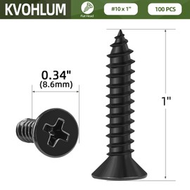 100 PCS #10 x 1 Black Sheet Metal Screws, Flat Head Phillips Fast Self Tapping Screws, Countersunk Head Wood Screws, Carbon Steel, Screwdriver Bit Included