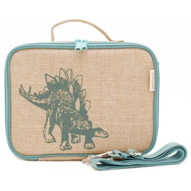 SoYoung Insulated Lunch Box - Toxin Free Lining, Washable Linen Outer, Green Stegosaurus