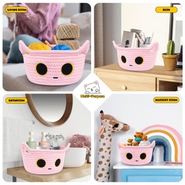 Hkojewp Small Storage Basket, Pinks Cat Basket Cotton Rope Basket Woven Basket for Nursery, Blanket Basket With Ears Toy Organizer Basket for Gift, Cat Dog Bin Toys 8.5×4.5 inches