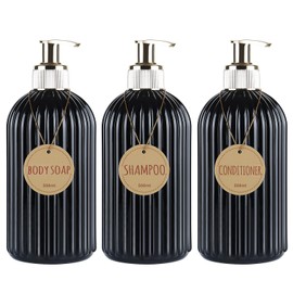 DEROANBOTT Bathroom Shampoo and Conditioner Dispenser, Reusable Plastic Bottles for Shampoo and Shower Gel, with Waterproof Labels, soap Dispenser with Pump (Black)
