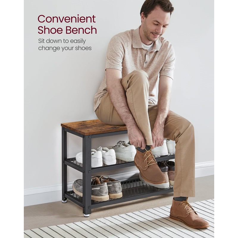 VASAGLE 3-Tier Shoe Rack, Shelf Storage Bench with Metal Mesh